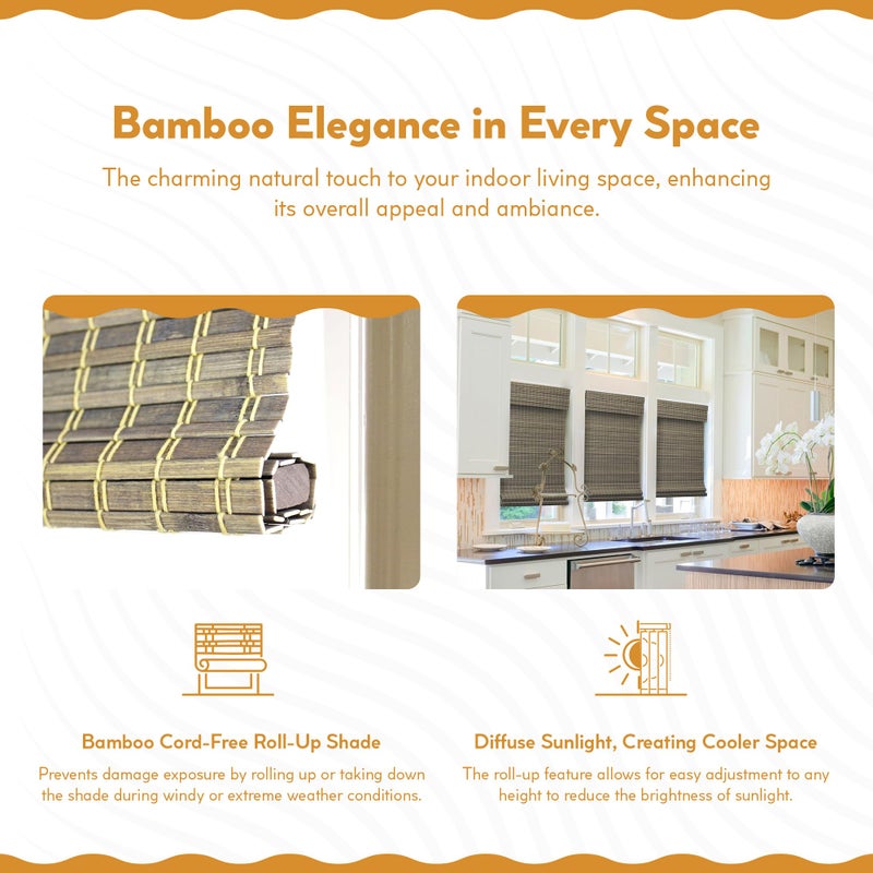 Radiance Cordless Bamboo Roman Shades for Windows - Flatweave Bamboo Blinds for Reduce Bright Light - Easy to Lift & Fold Up Window Shades - Driftwood - 35 in. W x 48 in. L - (02208870E) - Image 3